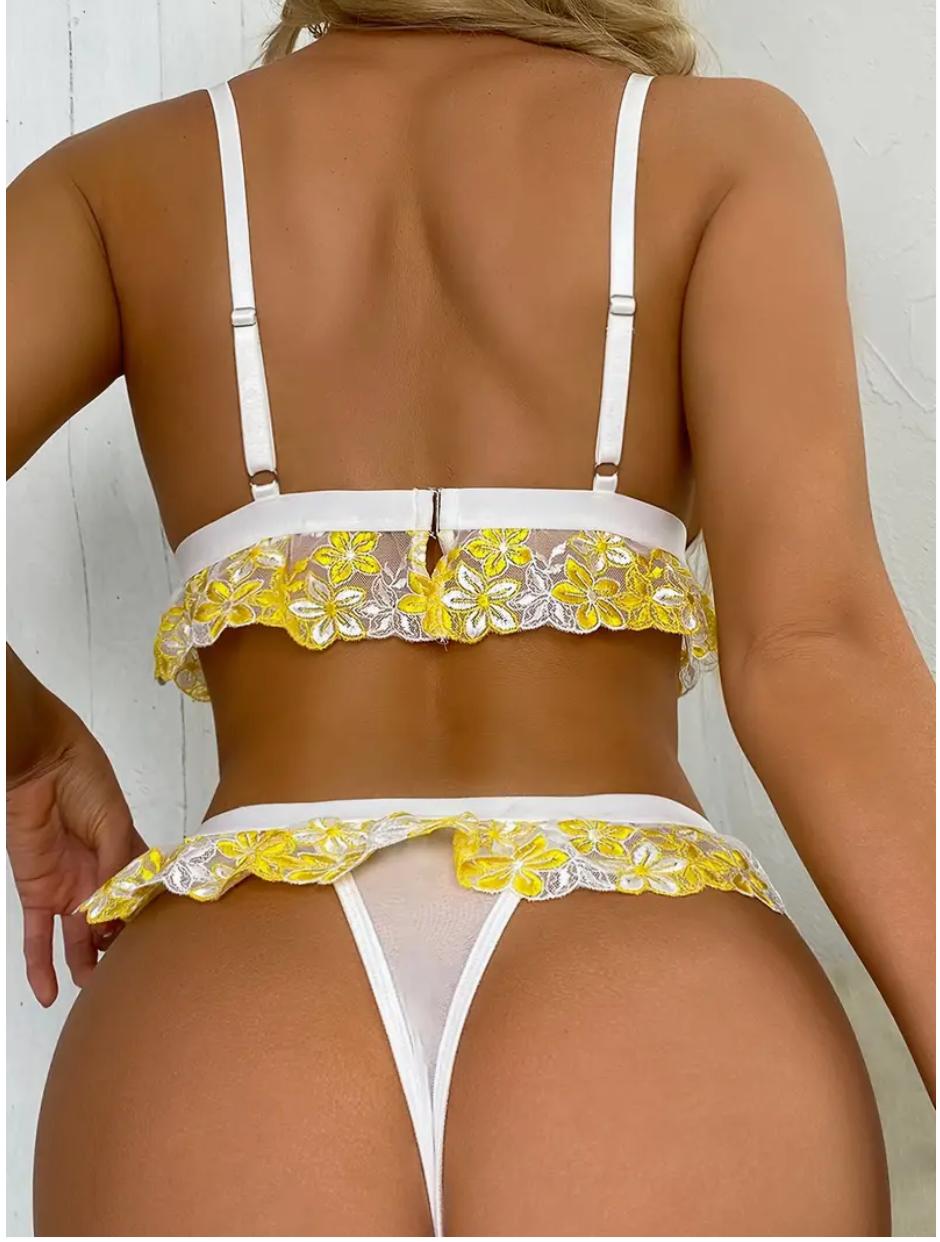 Sexy Floral Embroidery Lingerie Set with Lace Trim Bra, Mesh Thong, and Stockings - Women's Underwear for Seductive Nights