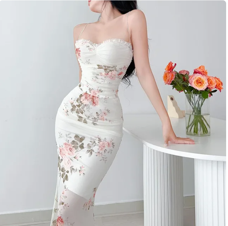 Elegant Flower Print Backless Midi Dresses