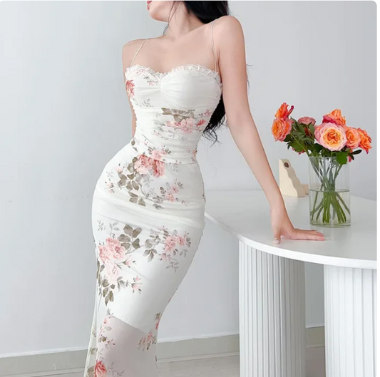 Elegant Flower Print Backless Midi Dresses